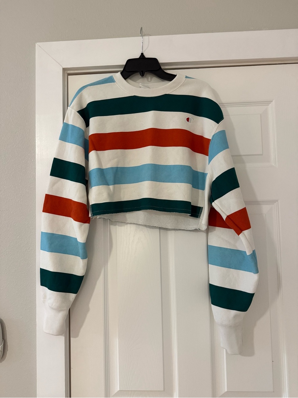 Champion Cropped Stripe Crewneck in White, Teal, Sky Blue & Rust